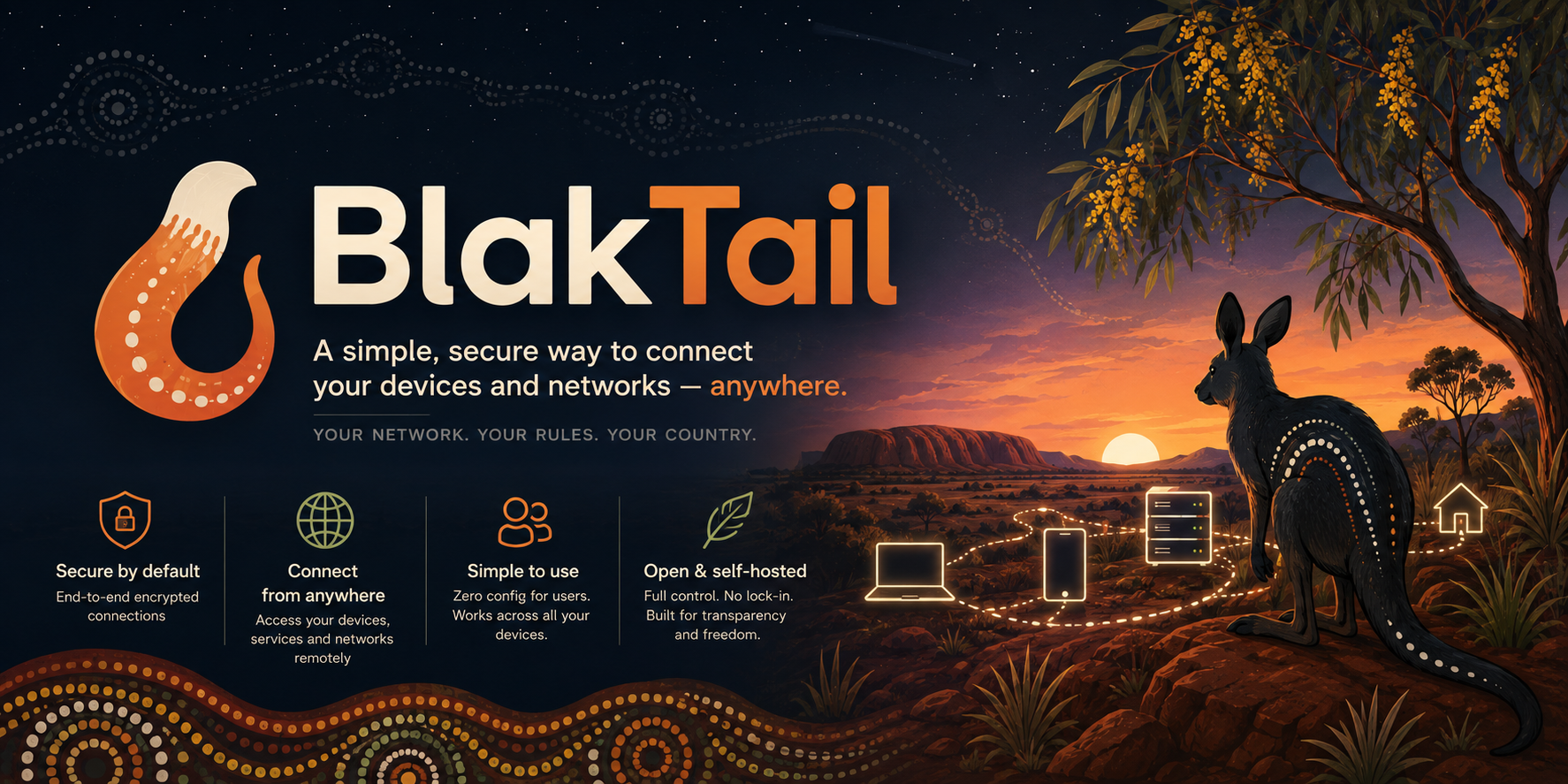 BlakTail banner: a kangaroo at sunset over Country, devices linked by light